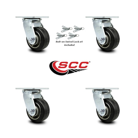 Service Caster 4 Inch Rubber on Aluminum Caster Set with Ball Bearing and Swivel Lock SCC SCC-30CS420-RAB-BSL-4